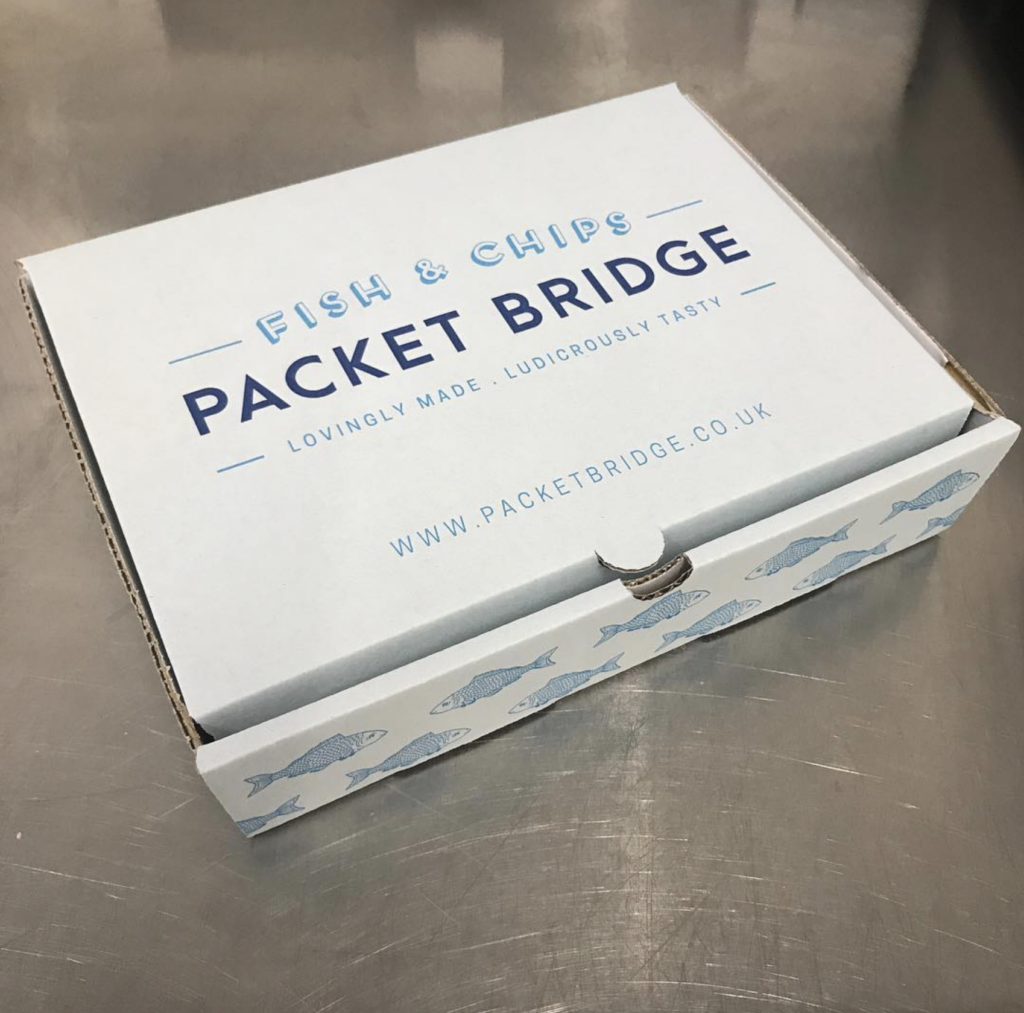 Packet Bridge branded fish and chips box