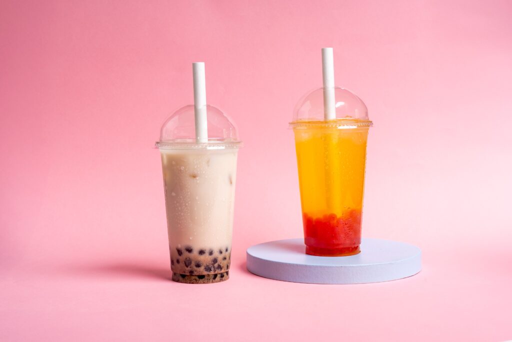 Vanilla milk and Passionfruit + Strawberry Boba
