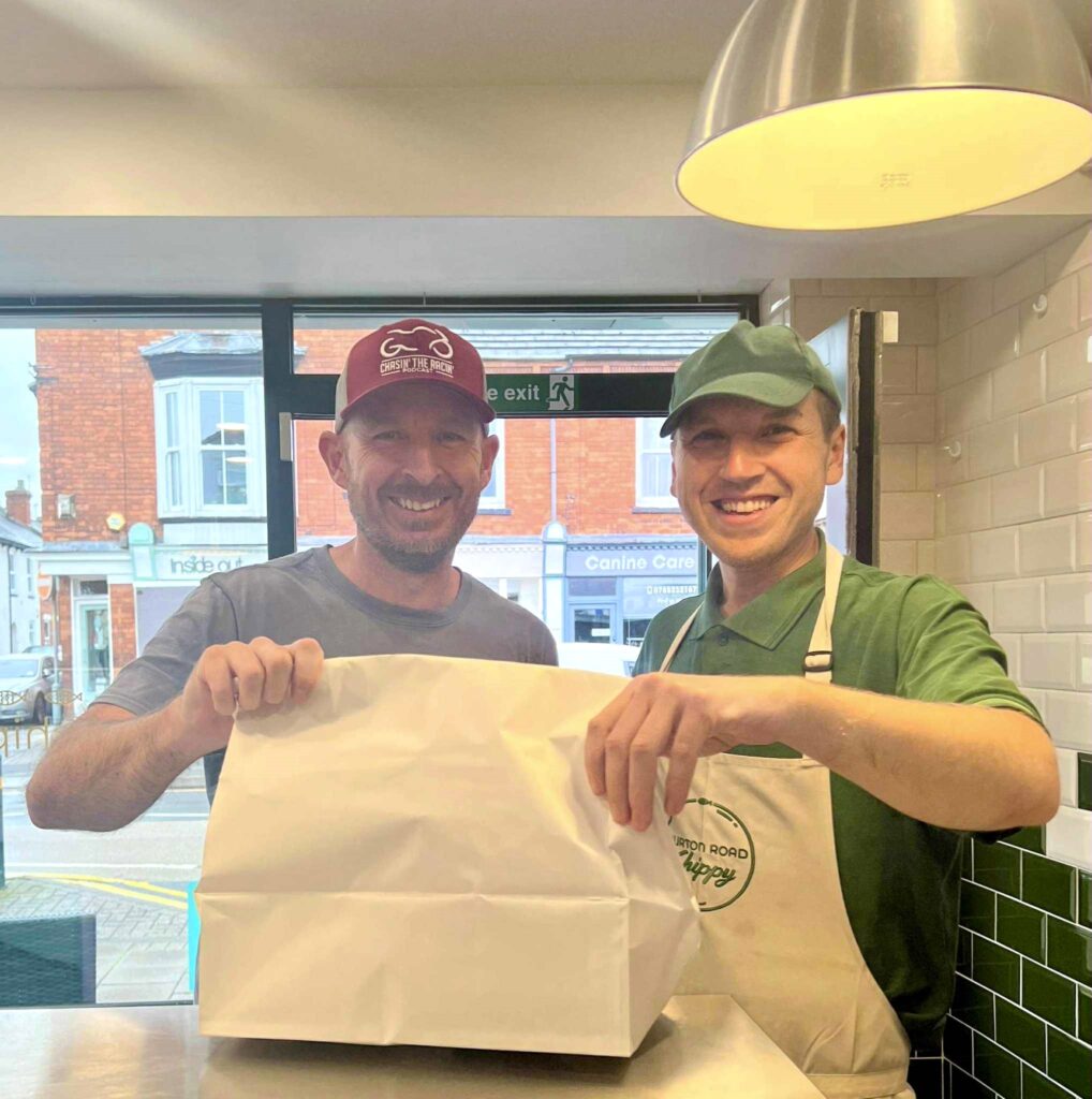 Dino with customer