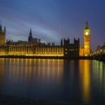 Night view of Big Ben and the Houses of Parliament illuminated, reflected in the Thames River, London.